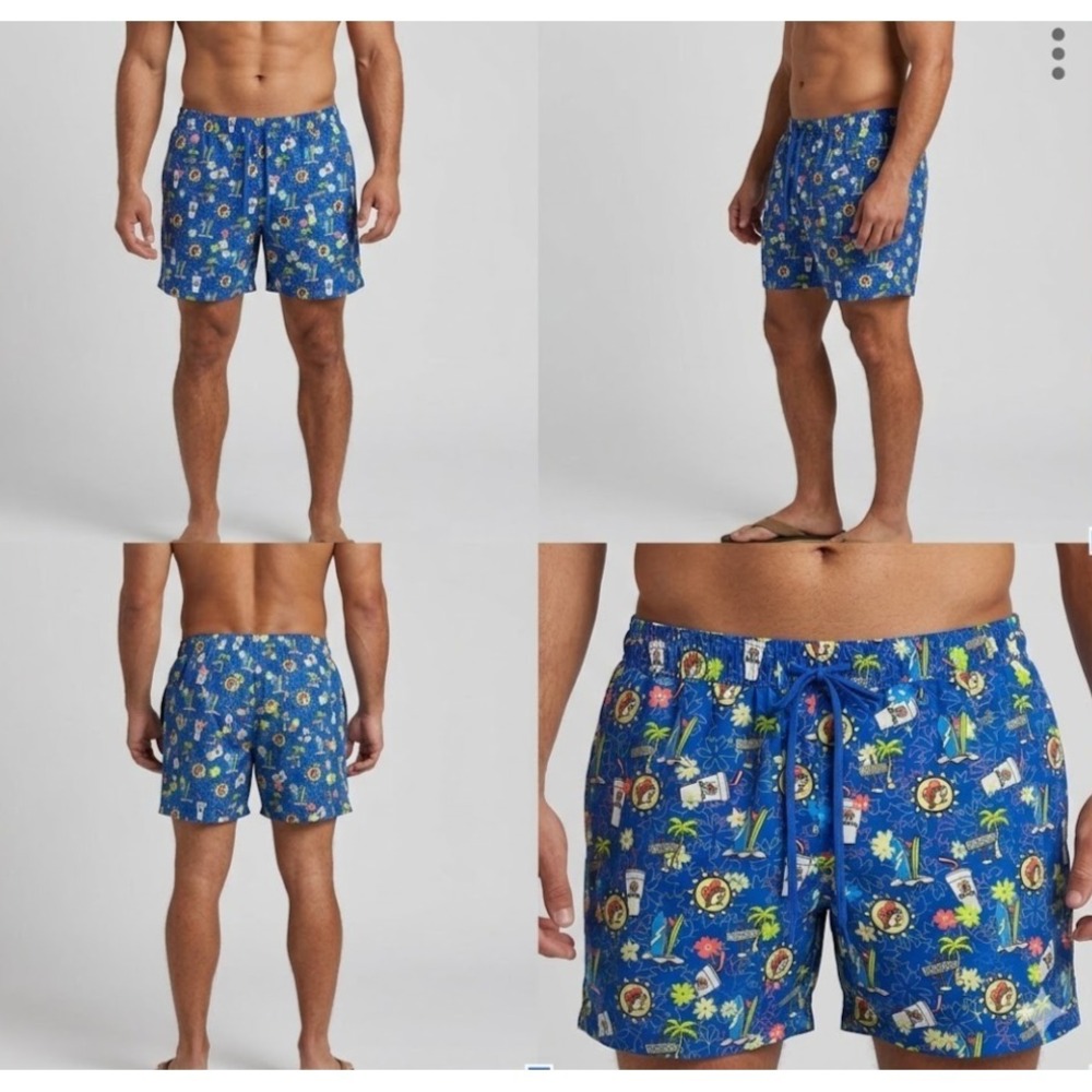 Bucees Swim Shorts Mens L Beaver Palm Trees Tropical Beach Cartoon Drawstring